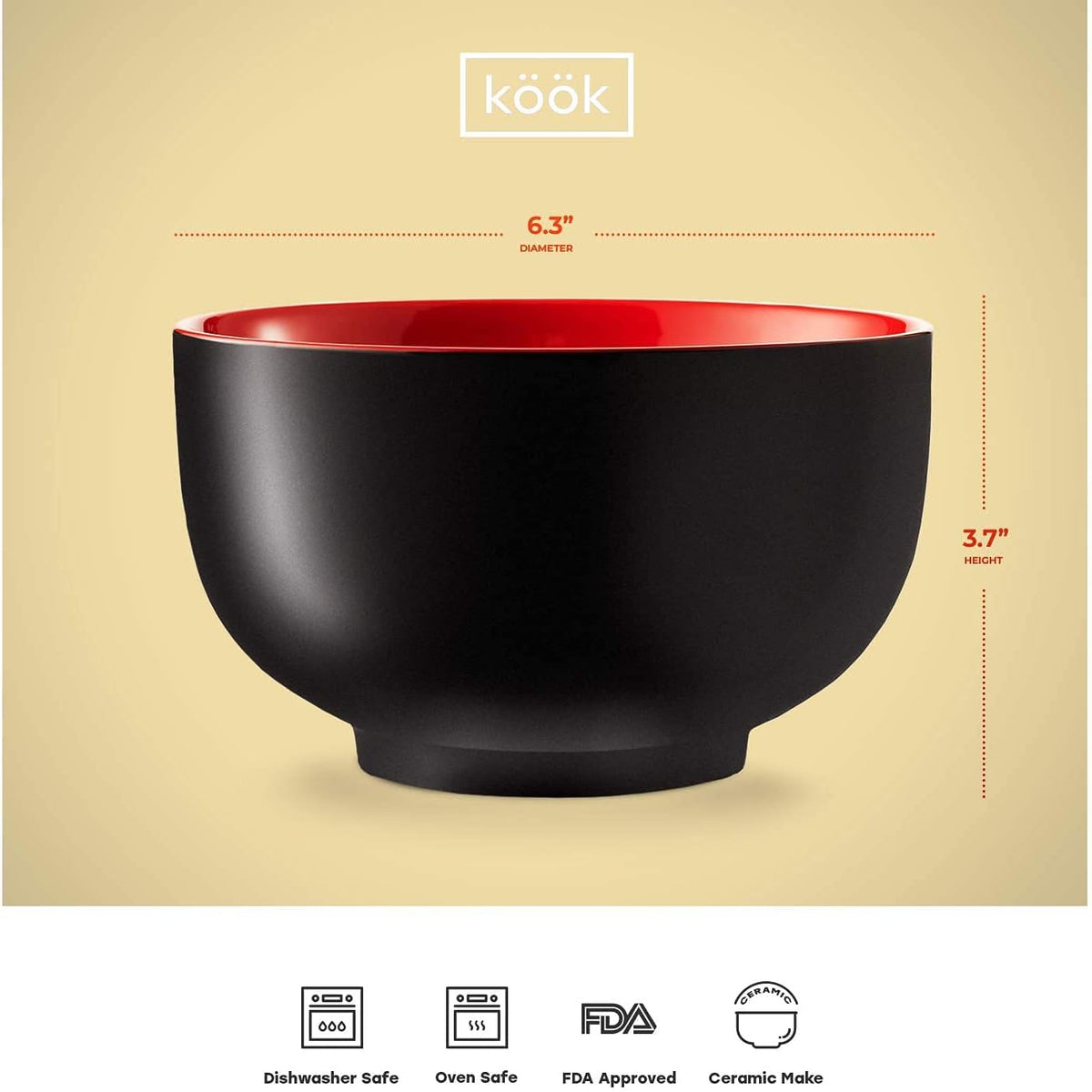 KooK Ramen Bowl  Japanese Bowls  Noodle Bowls  Large Soup Bowl  Ceramic  Large Capacity  For Ramen  Pho  Udon  Soba  Microwave and Dishwasher Safe  34 oz  Set of 4 (Black/Red)
