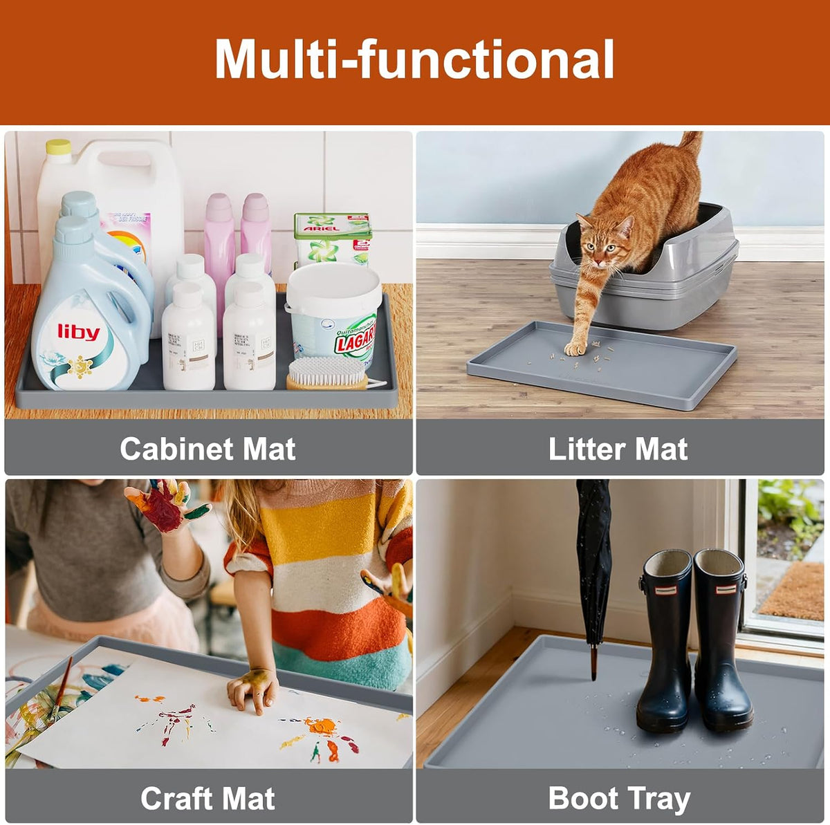 19” x 12” Extra Thick Waterproof Silicone Mat with Raised Edge  BPA Free Non-Slip Dog & Cat Food Mat  Feeding Mat for Food and Water Bowls  Spill Proof Mat to Protect Floors  Gray