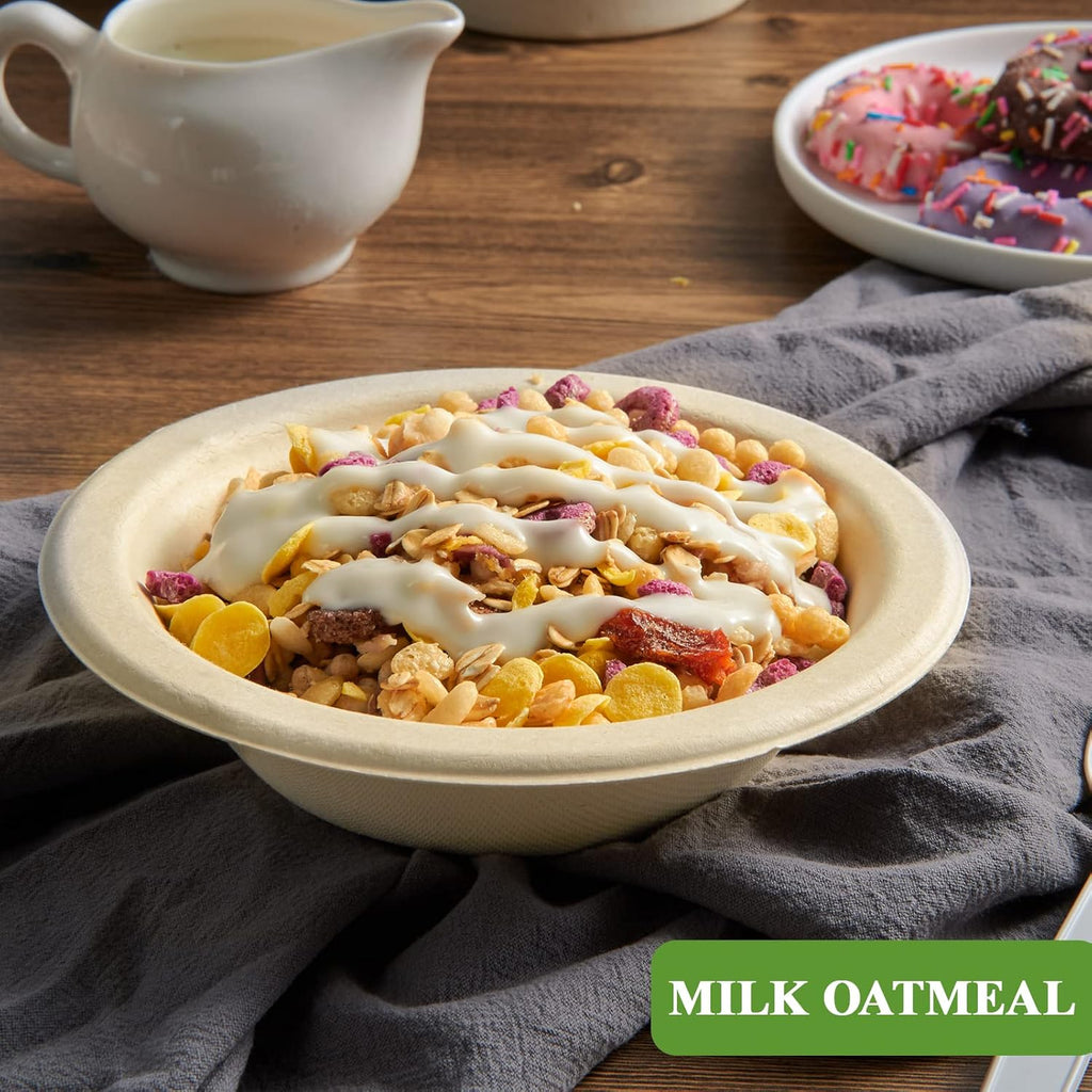 Vplus 500 Pack 12 OZ Paper Bowls Bulk  Disposable Compostable  Eco-friendly Bagasse  Heavy-duty Bowls Perfect for Milk Cereals  Snacks  Salads Nature
